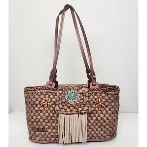 Far Nine Woven Basket Purse Brown Turquoise Beads Fringe Embellishments Zip Top